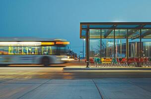 A bus speeds past a modern bus stop at dusk photo