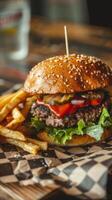 Close-up of a burger with fries photo