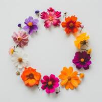 A circle of vibrant flowers arranged on a stark white background photo