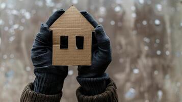 A persons gloved hands hold a cardboard cutout of a house in front of a snowy background photo