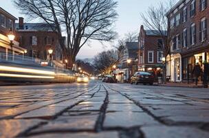 A street lined with old buildings and cobblestones, with cars driving by at dusk photo