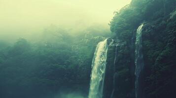 Waterfall cascading down a cliff in a misty jungle photo