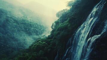 A waterfall flows through a dense rainforest shrouded in mist photo