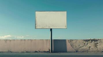 A blank billboard stands tall against a blue sky and a concrete wall photo