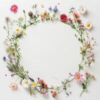 A circular frame of colorful wildflowers arranged on a white background photo