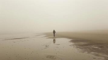 A person walks on a sandy beach covered in fog photo
