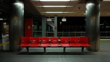 Empty red seats at a train station photo