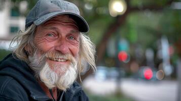 A close-up portrait of a man with a long white beard, smiling warmly photo
