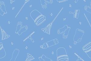 Seamless pattern of cleaning equipment. Cleaning line icons. A line of hand-drawn equipment, cleaning products and tools for cleaning windows and various surfaces. illustration vector