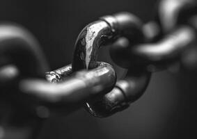 A close-up photo of a metal chain link, highlighting its intricate design and texture