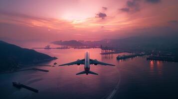 A plane takes off over a city and port at sunset photo
