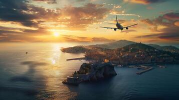 An airplane flies over a coastal city at sunset, with a golden sky and calm waters below photo