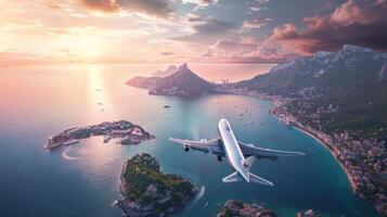 Airplane flying over a beautiful coastal landscape photo