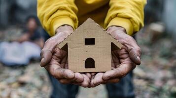 Close-up of hands holding a small cardboard house photo