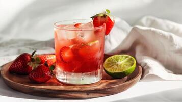 Close-up of a strawberry hibiscus caipirinha cocktail on a wooden tray photo