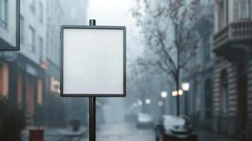 A blank signpost on a foggy city street photo