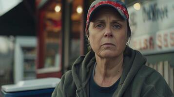 A woman stands in front of a storefront, lost in thought photo