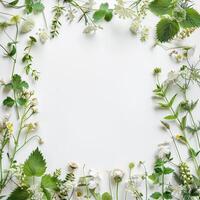White wildflowers arranged in a frame on a white background photo
