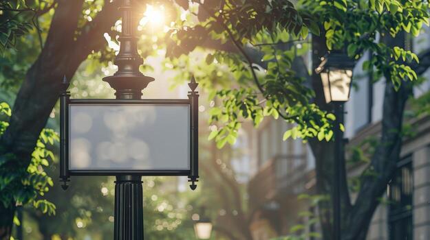 A blank signpost on a street lamp under sunlight and leafy trees photo