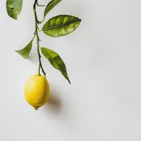 A solitary lemon hangs from a leafy branch against a stark white backdrop photo
