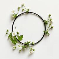 A simple black circle frame is adorned with delicate white blossoms and green leaves photo