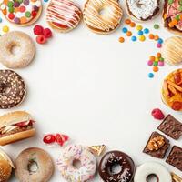 A variety of treats like donuts and candy are arranged in a circle on white photo