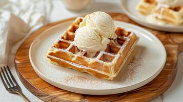 Golden waffles with vanilla ice cream and cinnamon sugar photo
