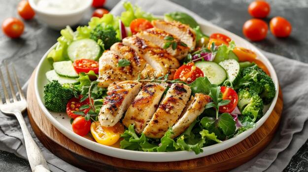 A la parrilla pollo, ensalada verduras, pepino, Tomates, brócoli foto