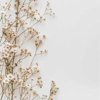 A cluster of white flowers creates a delicate frame against a pristine white backdrop photo