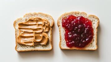 Two slices of white bread, one with peanut butter and the other with jelly photo