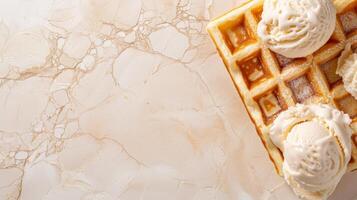 Close-up of a square waffle topped with ice cream photo