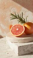 A juicy grapefruit slice with a sprig of rosemary on terrazzo photo