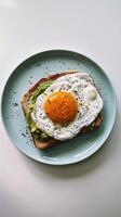 A single slice of avocado toast topped with a perfectly fried egg photo