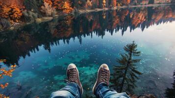 Feet dangle over crystal-clear water with colorful autumn trees reflected photo