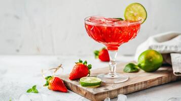 A glass of strawberry cocktail garnished with lime wedges and ice cubes photo