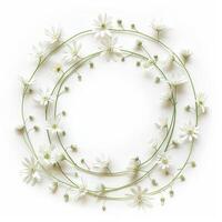 White flowers arranged in a circular frame on a white background photo