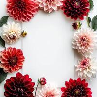 Dahlia flowers in various shades of pink and red surround a blank white space photo