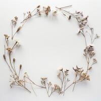 A minimalist arrangement of dried flowers in a circular frame photo
