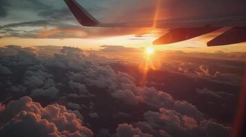 A beautiful sunset view from an airplane window photo