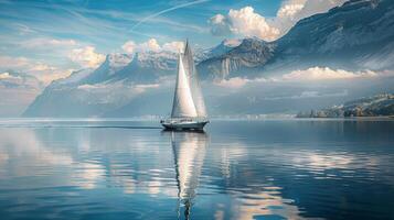 A sailboat glides across the serene lake with mountains in the background photo