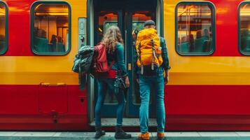 Two travelers stand by an open train door, ready for their adventure photo