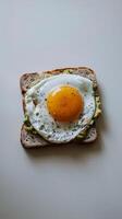 A perfectly cooked sunny-side up egg sits on top of a slice of avocado toast photo