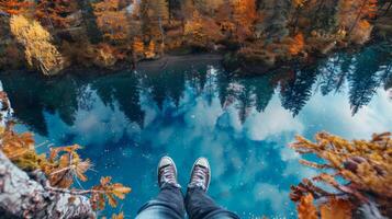 Feet dangling over a tranquil lake, surrounded by autumn foliage photo