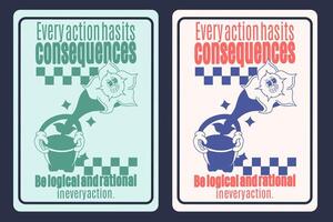 Retro cartoon illustration Flower mascot breaking free from pot, unaware of consequences. Perfect for self-awareness reminder poster emphasizing importance of calculating actions and outcomes. vector