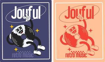 cartoon label set features a fun and groovy vintage black cassette tape mascot. It's perfect for use on article labels, logos, wall posters, and other accessories. The labels are easy to print and use vector