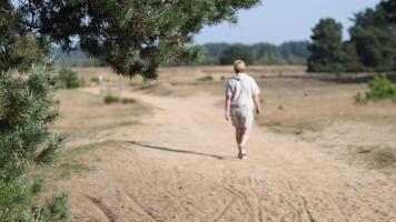 woman in beige suit takes her daily steps, breathes the air of a pine forest, moves easily near the house without unnecessary things, paying attention to the correct posture when walking, slow motion video