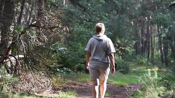 middle aged woman walks and breathes the air of a pine forest, uses an application to record calories burned and count steps on a smartphone, 5G Internet, slow motion video