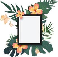 Tropical Green Leaves and Flowers Frame Layout with Ample Copy Space on Aqua Blue Background, Ideal for Invitations, Greetings, and Decorative Designs vector
