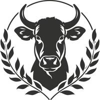 Simple and Minimalistic Logo Design, Black and White Silhouette of Cow Head Inside Laurel Wreath Illustration on Solid Background, Ideal for Branding and Design Projects vector