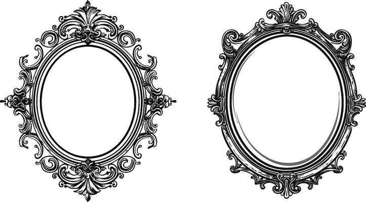 Detailed Illustration of Oval Shaped Mirror with Baroque Frame, Simple Line Drawing Clip Art on White Background for Vintage and Classic Decor
